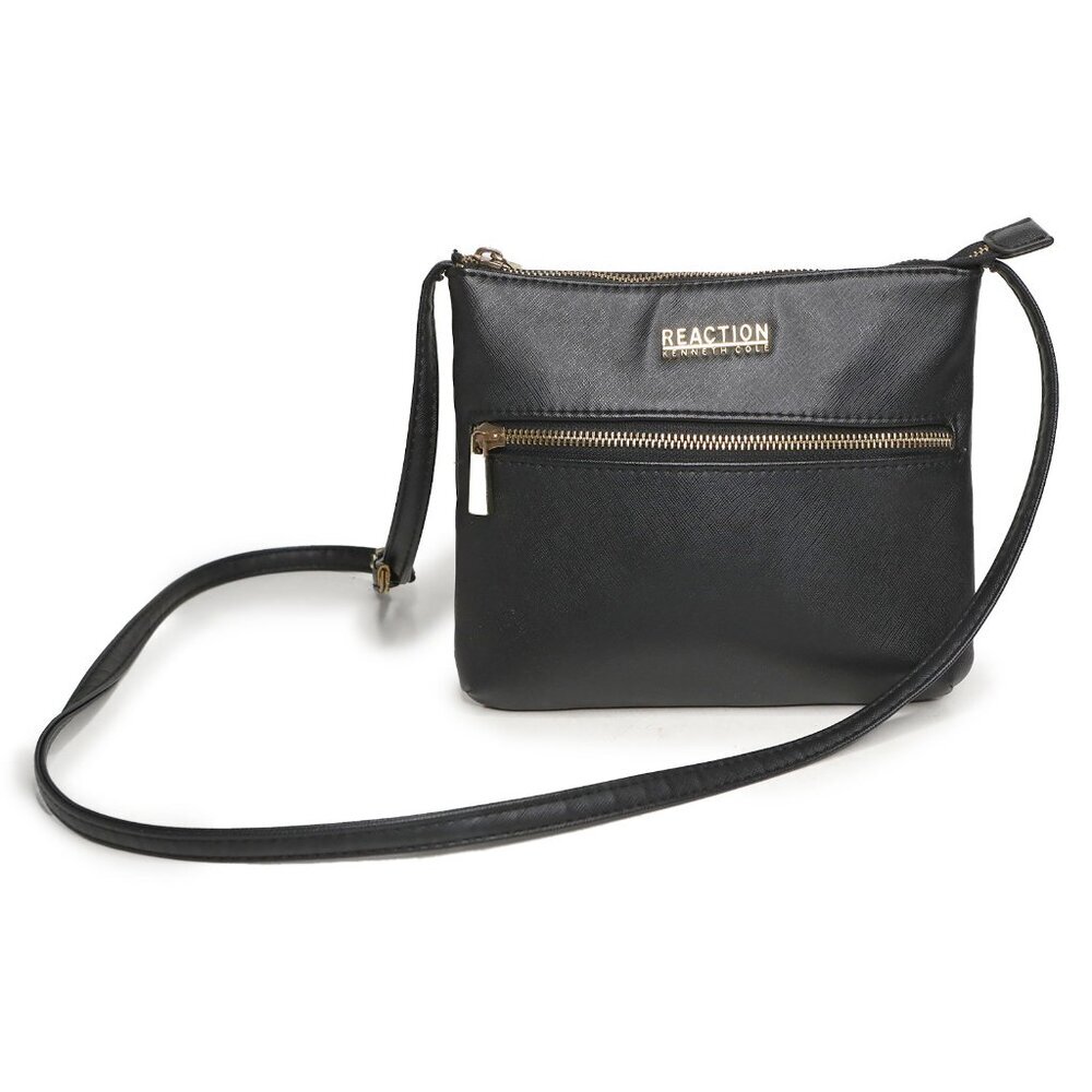 Kenneth Cole REACTION Faux Saffiano Leather Crossbody Bag Black Gold Purse